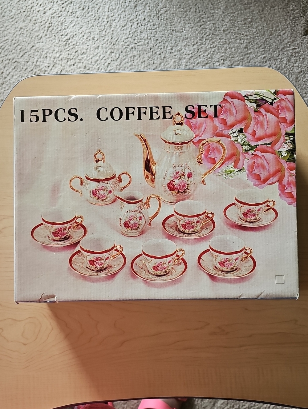 15-Piece Pink Floral Porcelain Coffee Set with Gold Accents
